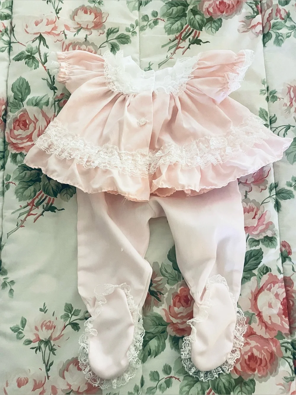 Vintage Alexis Baby Dress Pink Lace Ruffle 2 Piece Set Cotton Blend Preemie